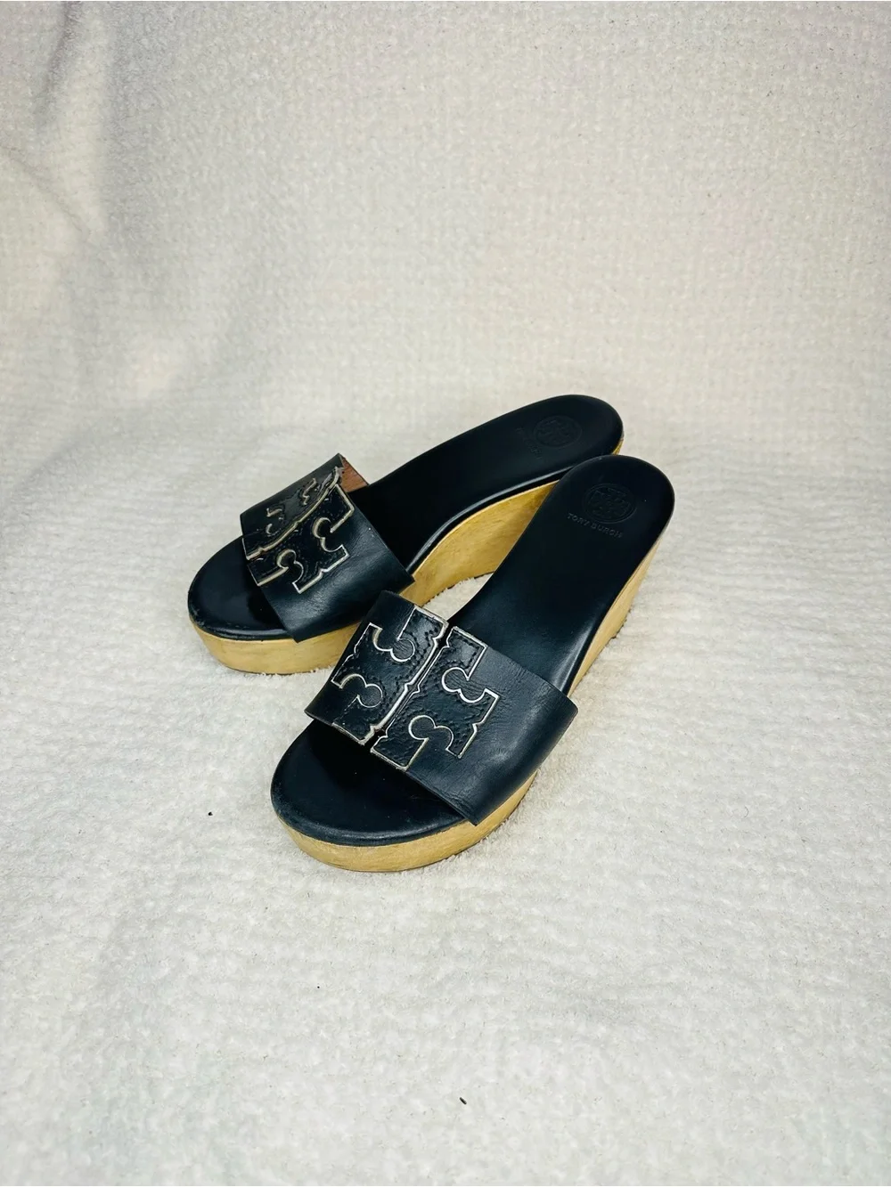Tory Burch Black Leather Slide Wedge Mules with Logo Strap